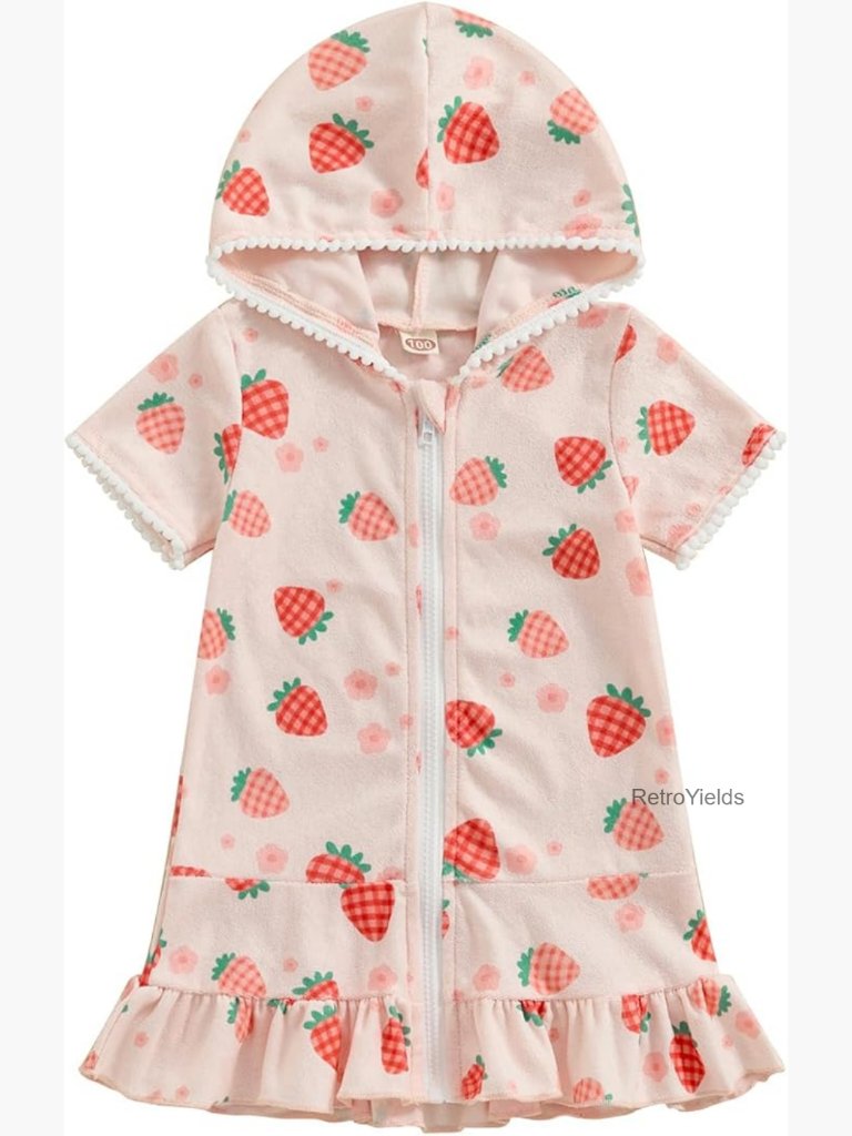 Kids Hooded Zip Terry Swim Coverup Floral Print Short Sleeve